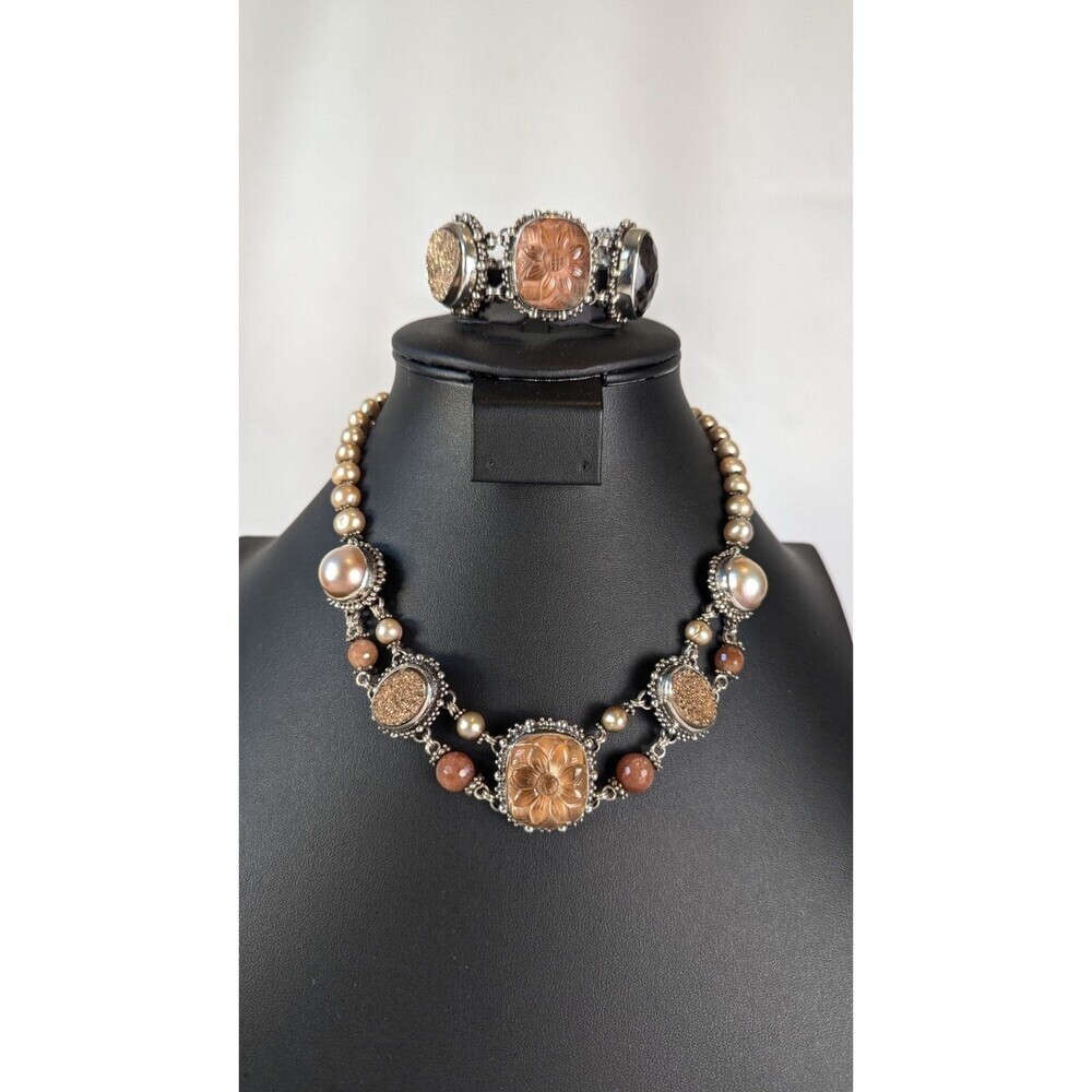 Vintage Stephen Dweck Necklace Bracelet Sterling Silver Carved Gemstone Estate